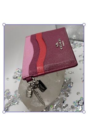 Coach Colorblock Leather Card Holder with Silver Charms - Pink, Red, Plum
